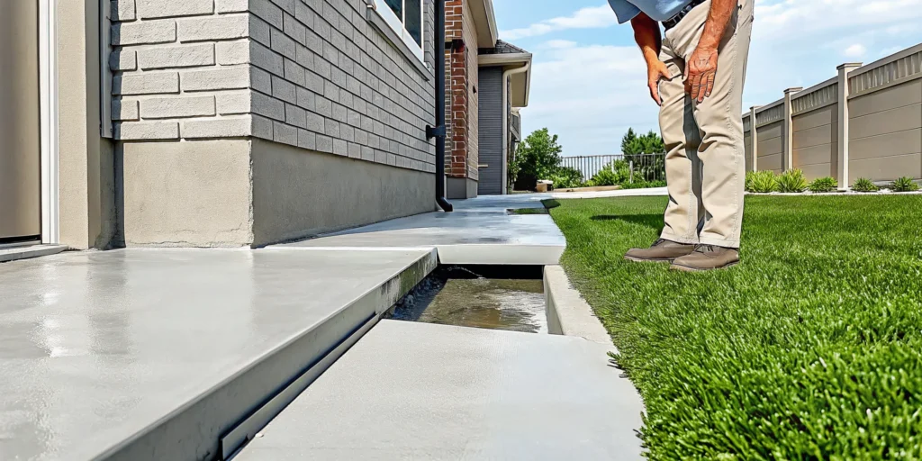 Drainage inspection beside a Dallas home foundation after rain