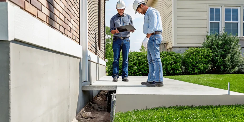Homeowner reviewing a foundation repair warranty with a repair specialist