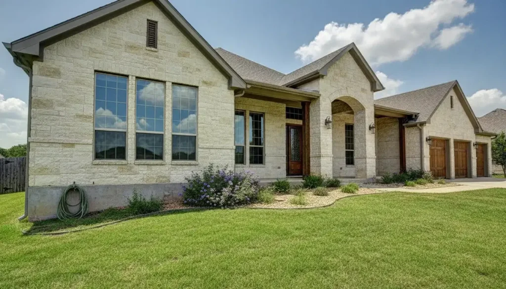 Residential home in North Texas with a subtle garden hose resting on the green grass near the concrete foundation