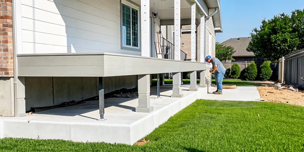 Helical piers supporting a raised deck at a Dallas home