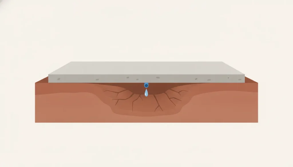 Cutaway view of an under-slab leak affecting soil beneath a Dallas home