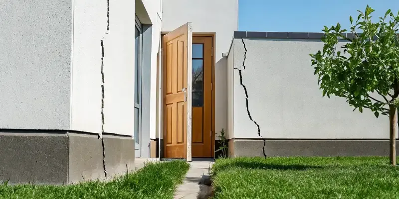 A wooden door slightly stuck in a warped door frame due to foundation settlement.