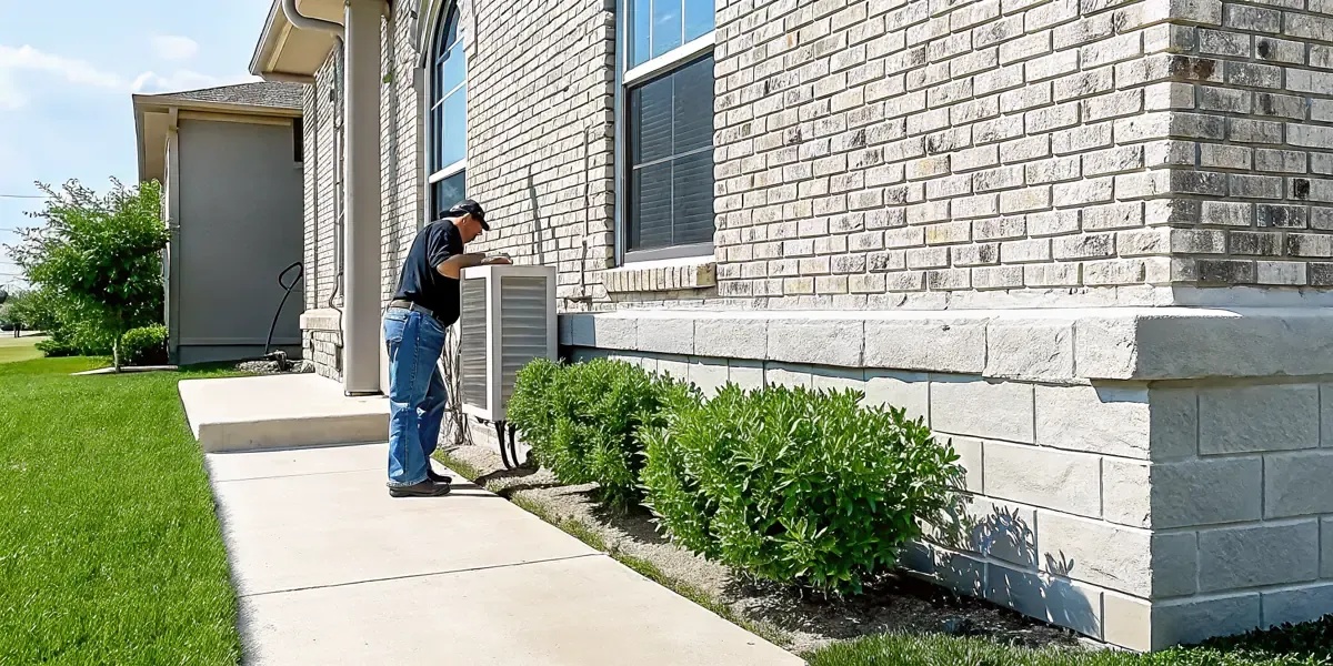 Homeowner checking summer foundation maintenance near a Texas brick home