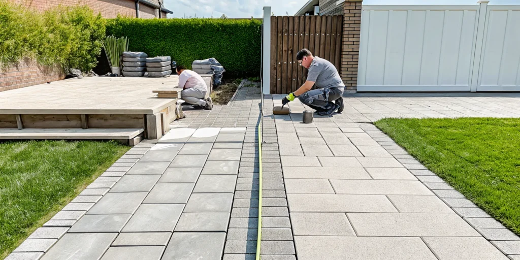 Workers perform a sunken patio repair, a process that determines the final cost.