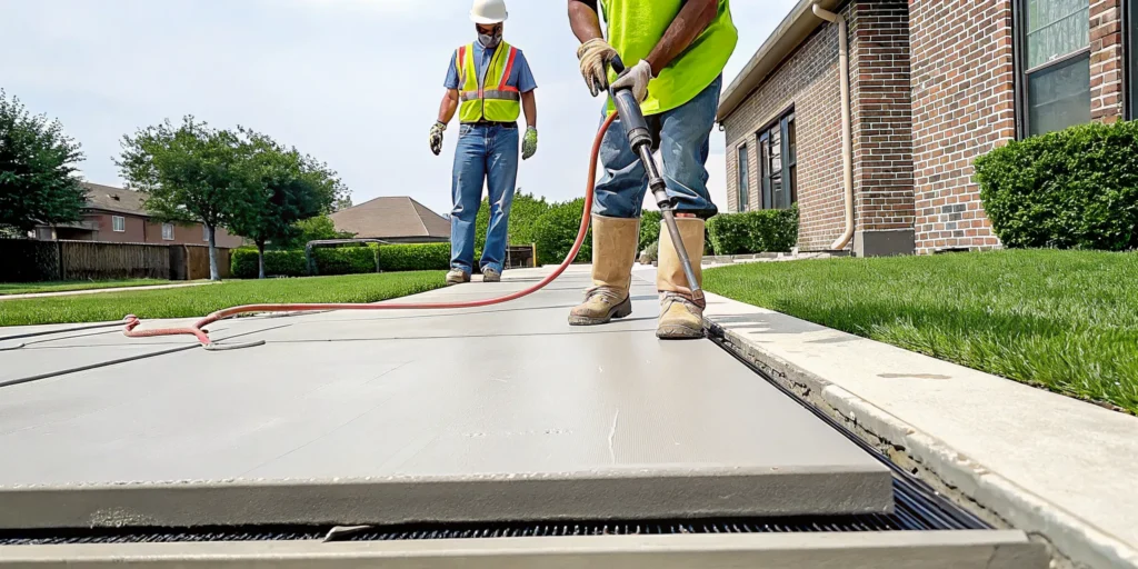 A crew performs concrete lifting to repair a sunken sidewalk in Lewisville.