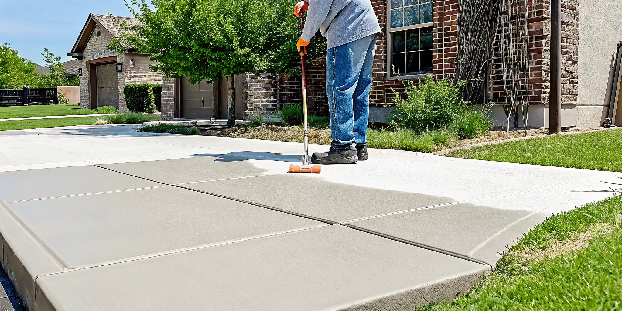 A professional leveling a sunken concrete driveway in Allen, TX.