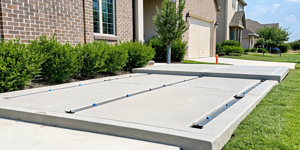 A professional concrete leveling repair on a sunken driveway in McKinney, TX.