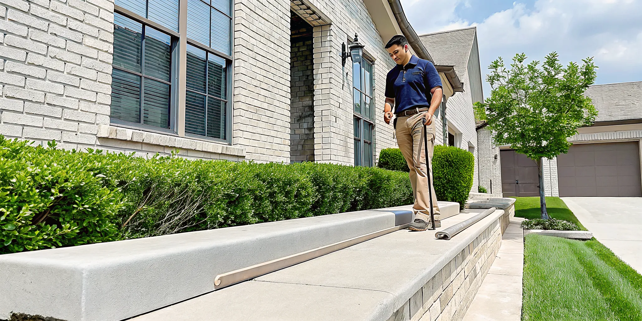 Inspector examining the exterior of a home foundation in Dallas Fort Worth.