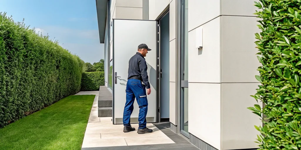 Man inspecting a sticking door, a sign of foundation problems.