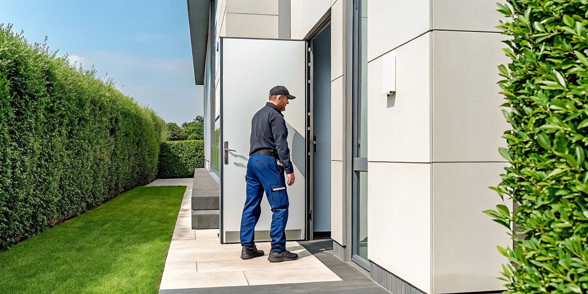Man inspecting a sticking door, a sign of foundation problems.