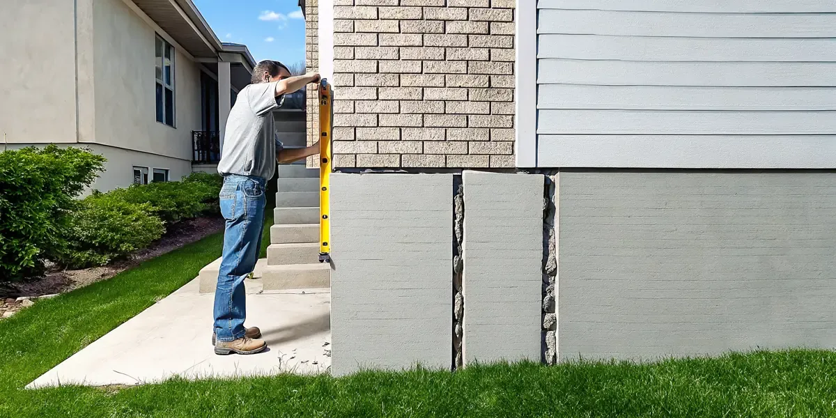Foundation repair technician inspecting a bowed foundation wall with a level in a North Texas home