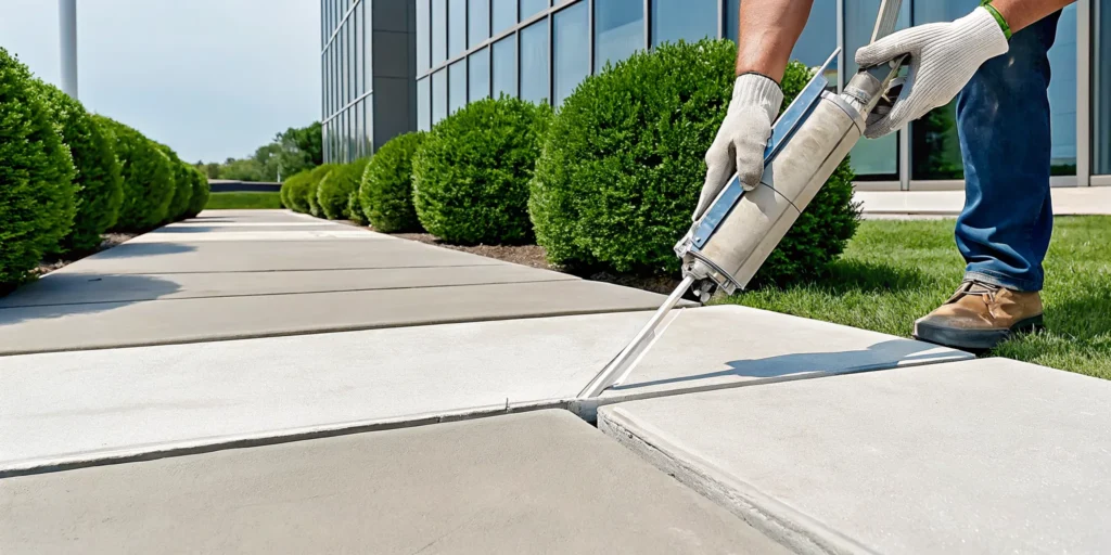 Permanently sealing a cracked concrete sidewalk with a caulk gun.