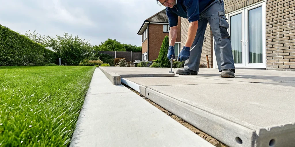 A worker lifts a sunken concrete driveway slab instead of replacing it.