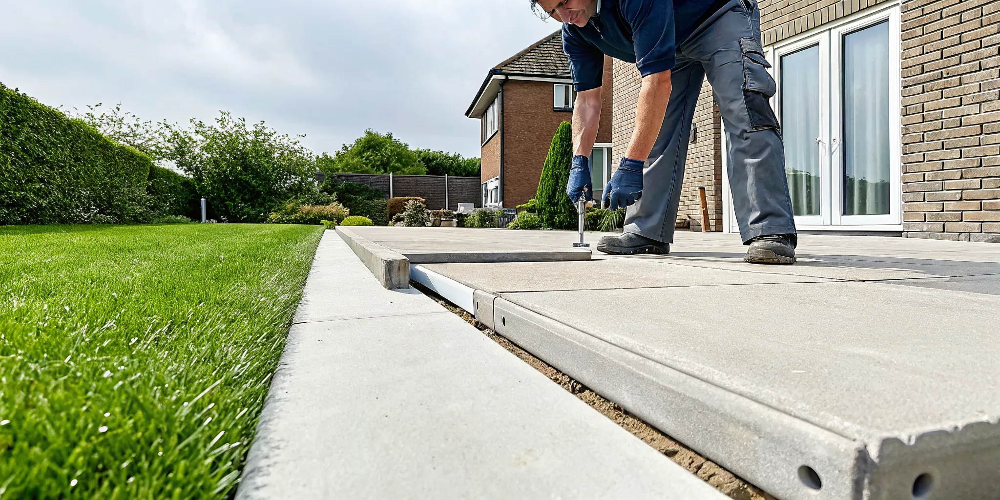 A worker lifts a sunken concrete driveway slab instead of replacing it.