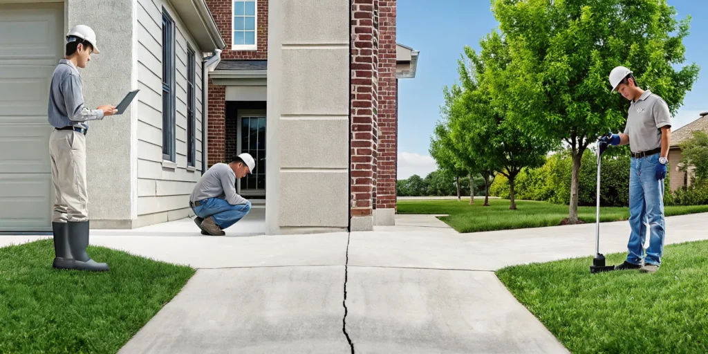 Dallas, TX foundation repair company inspecting a home's cracked concrete foundation.