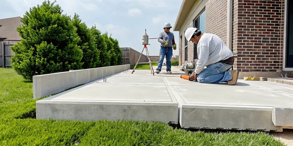 The best foundation repair company in Denton, TX, at work on a home's concrete foundation.