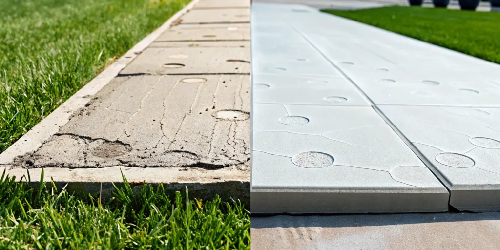 Damaged concrete showing pitting and flaking next to a smooth, newly repaired surface.