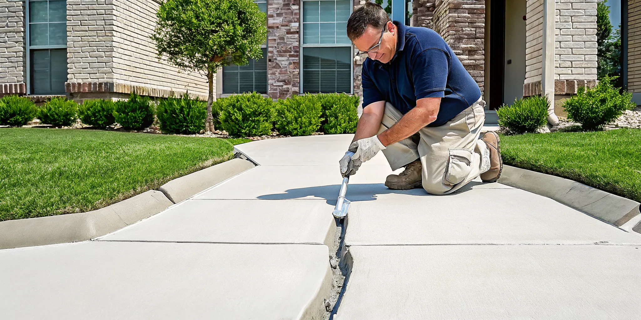 Professional repairing a cracked concrete sidewalk for a homeowner near Plano, TX.