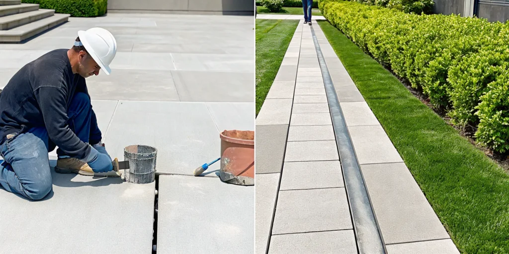 A cracked slab needing concrete repair next to a new slab after a full concrete replacement.