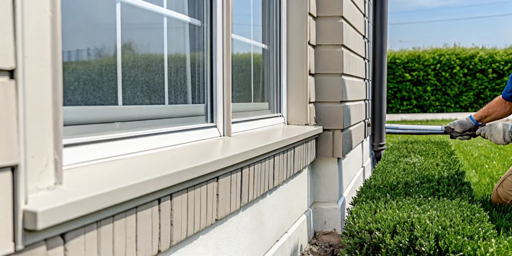 Technician inspecting gaps around a window for Dallas foundation repair.