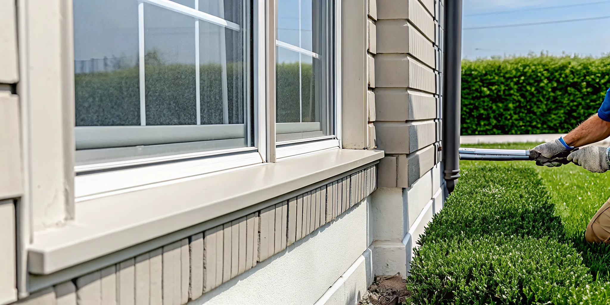 Technician inspecting gaps around a window for Dallas foundation repair.
