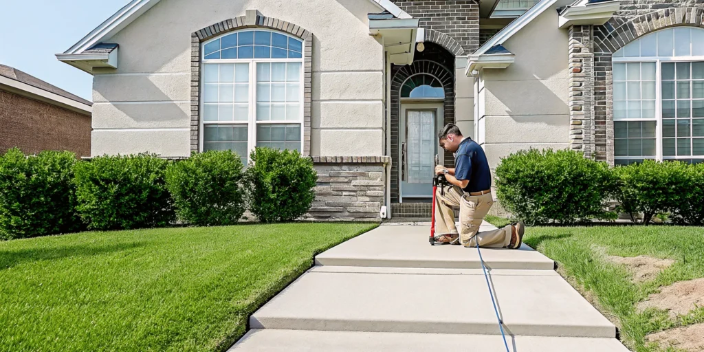 Foundation repair technician providing a free estimate at a Dallas home.