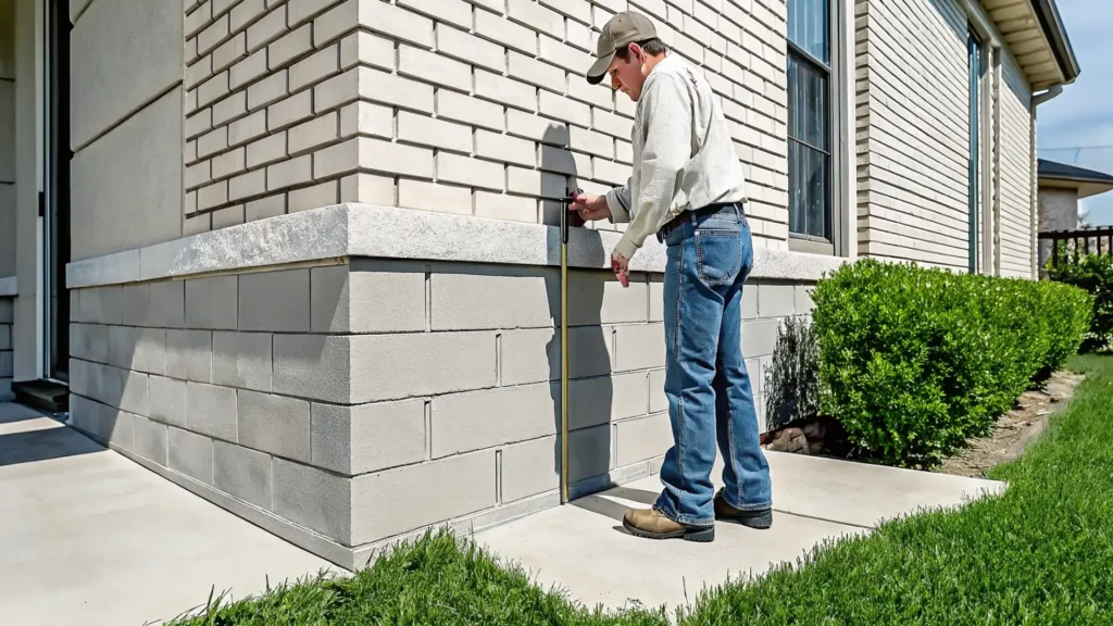 Professional foundation inspector examining the exterior foundation of a Dallas home with a leveling tool