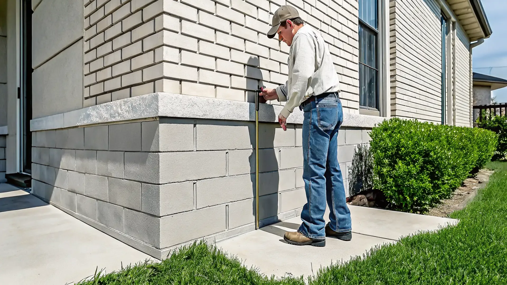 Professional foundation inspector examining the exterior foundation of a Dallas home with a leveling tool