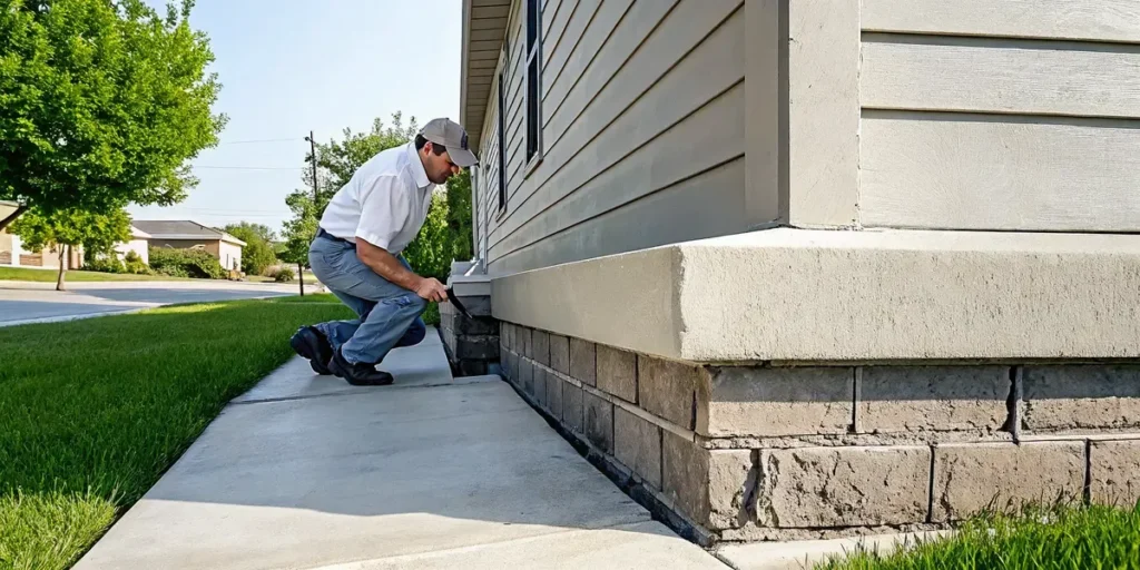 Professional foundation contractor inspecting a concrete foundation crack on a residential home in North Texas