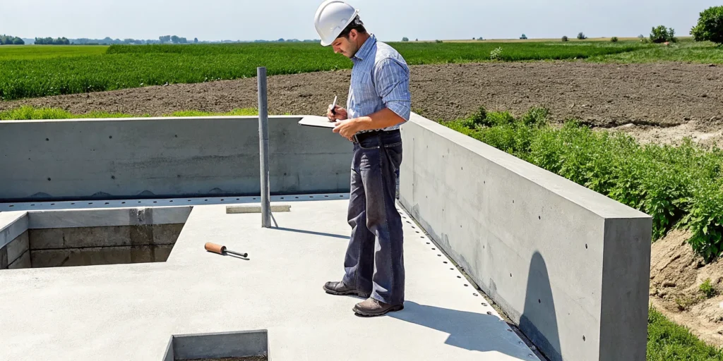Professional foundation inspector examining concrete slab foundation in Texas with expansive clay soil