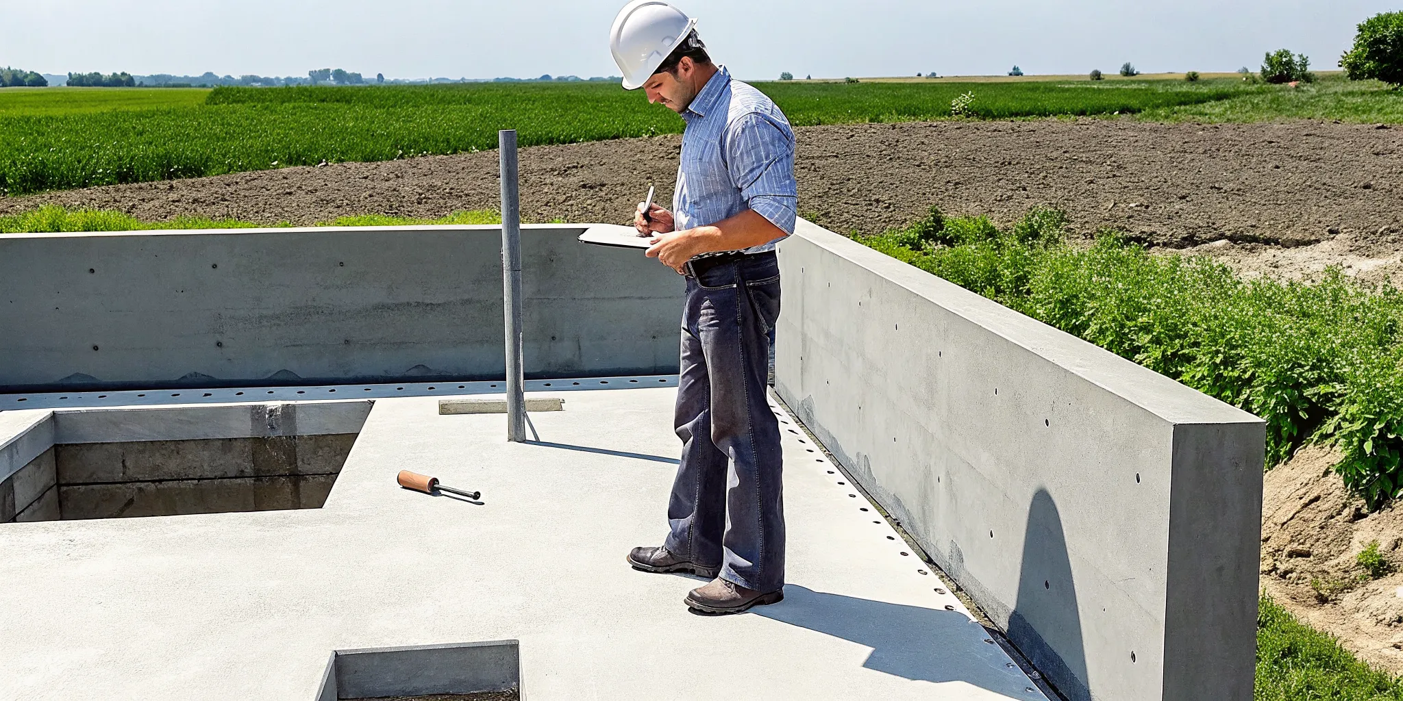 Professional foundation inspector examining concrete slab foundation in Texas with expansive clay soil
