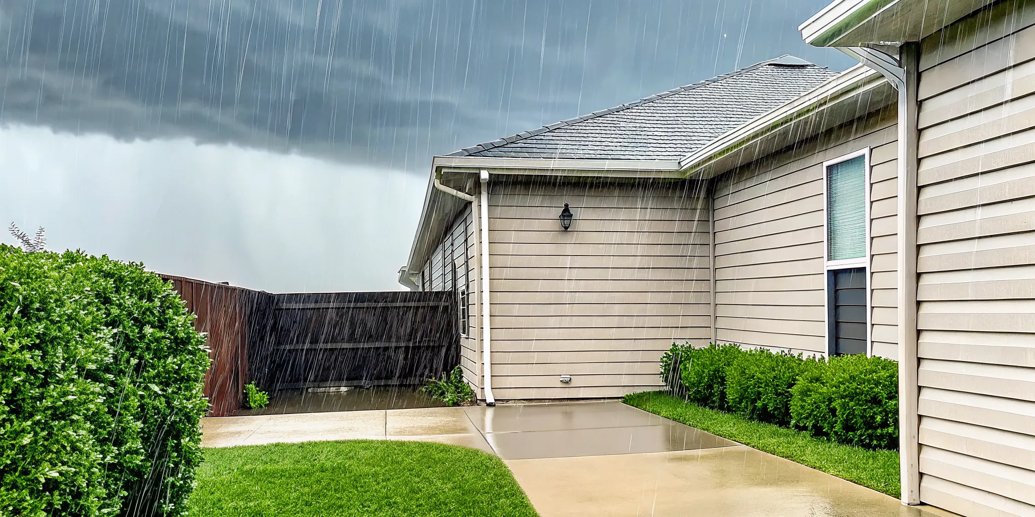Heavy rain falling on a North Texas home with water pooling near the foundation slab
