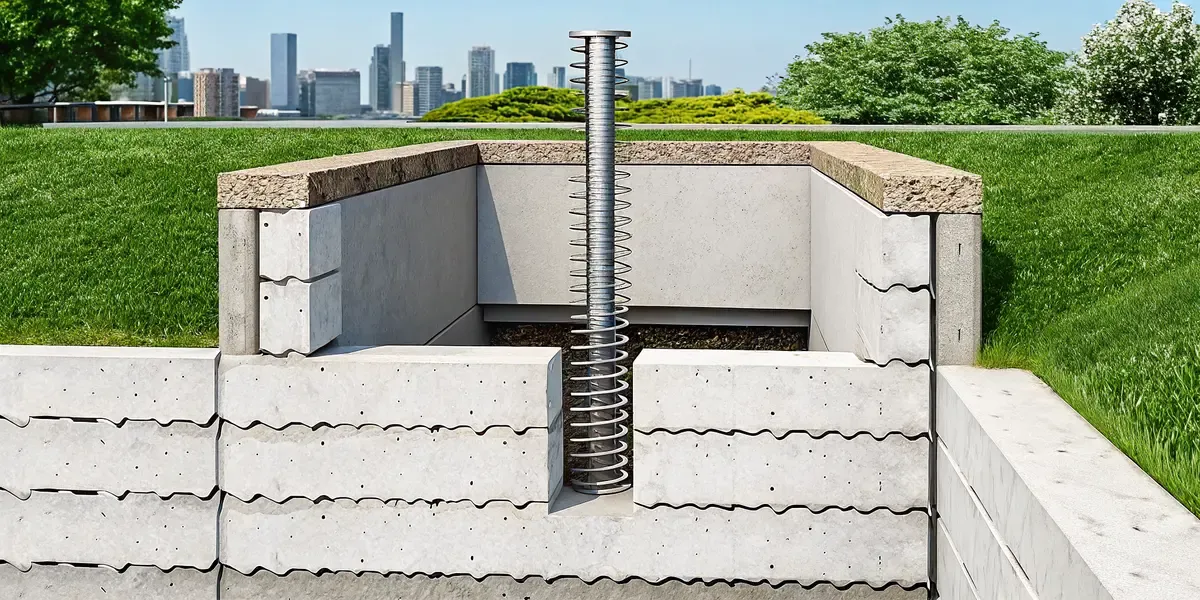 Cross-section illustration of helical piers and push piers installed in North Texas clay soil for foundation repair