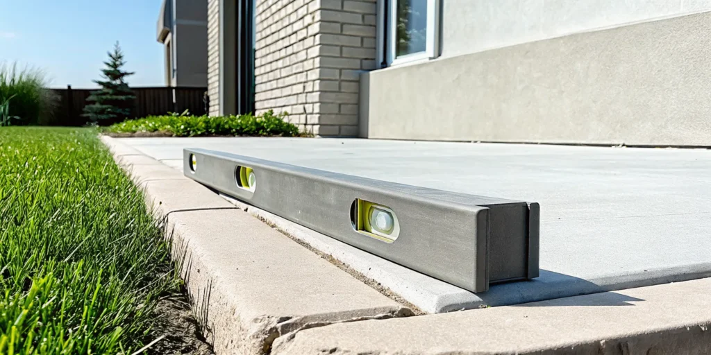 A level on a concrete patio proves how long PolyLevel concrete leveling lasts.