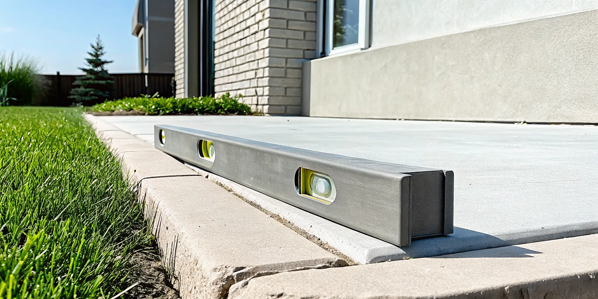 A level on a concrete patio proves how long PolyLevel concrete leveling lasts.