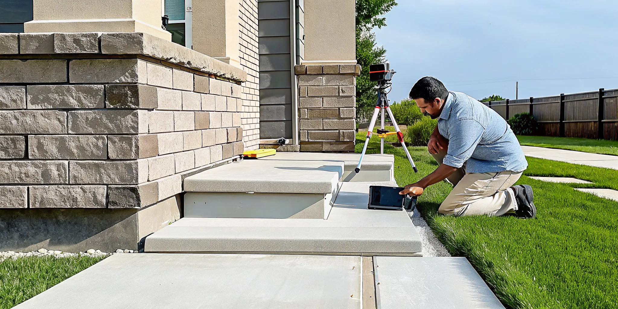 Contractor inspecting a cracked foundation to estimate repair costs in Dallas, TX.