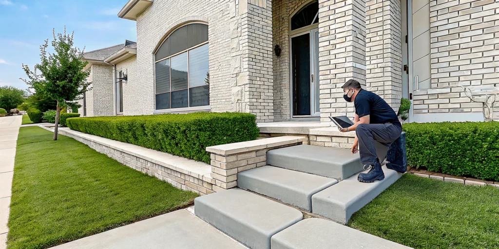 Plano foundation repair specialist inspects a home's brick exterior for signs of foundation problems.