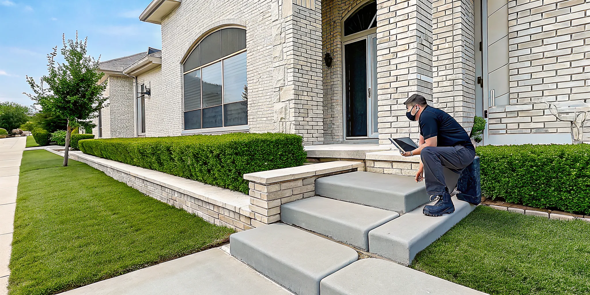 Plano foundation repair specialist inspects a home's brick exterior for signs of foundation problems.