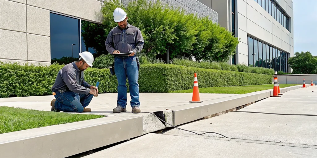 Concrete lifting company in Dallas, TX repairing a sunken concrete slab.