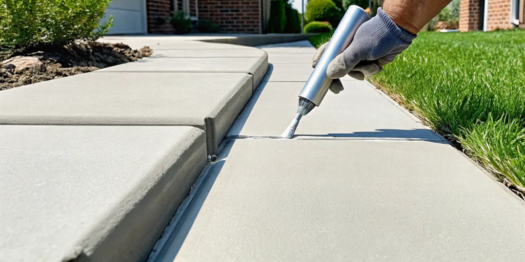 Repairing cracked concrete on a sidewalk with a caulk gun.
