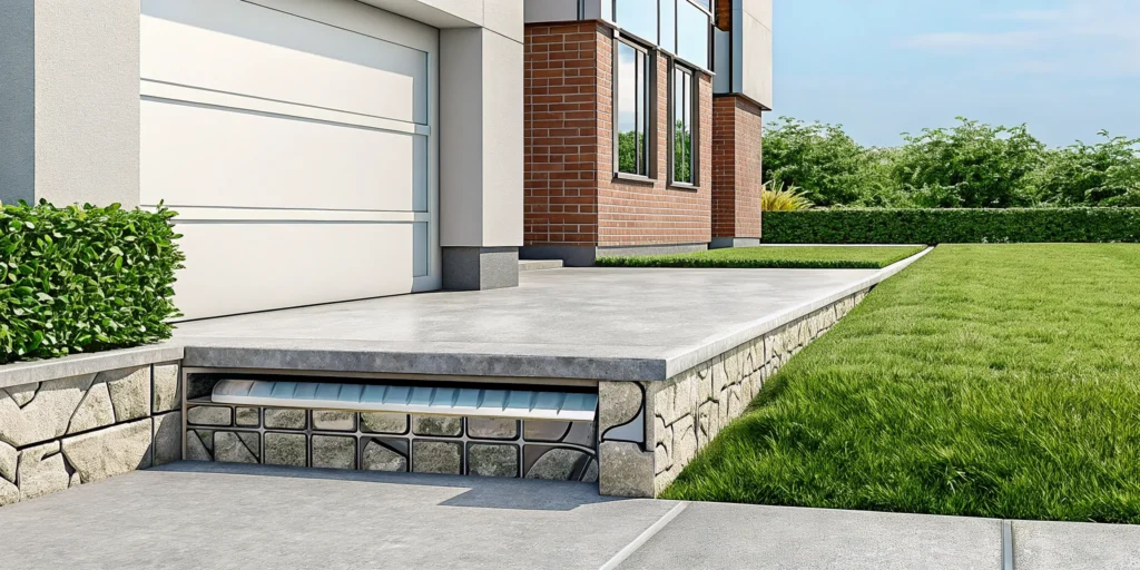 A drainage system stops water from getting under a driveway slab.