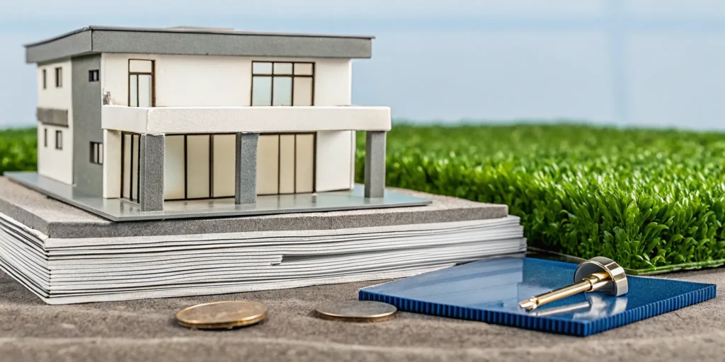 A house model with a key and coins on documents for a foundation repair warranty.