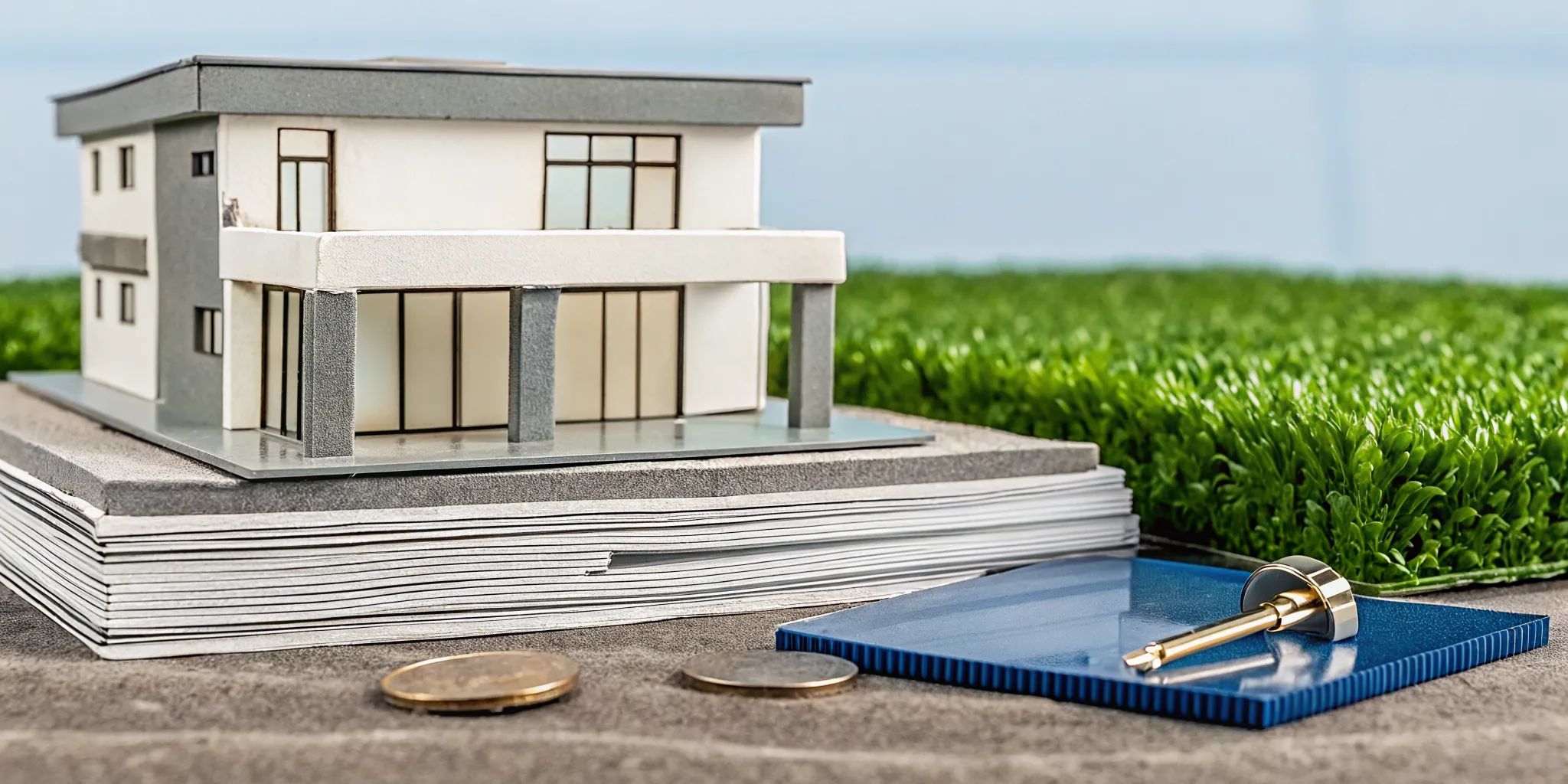 A house model with a key and coins on documents for a foundation repair warranty.