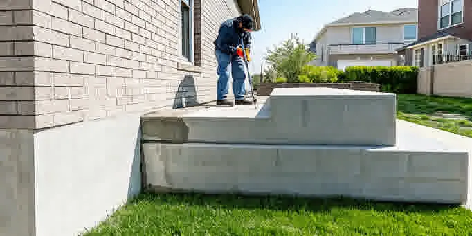 Foundation repair technician inspecting the concrete foundation of a suburban home in Lewisville, Texas