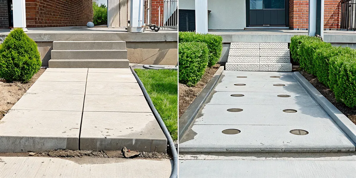 Side-by-side comparison of mudjacking heavy slurry injection versus PolyLevel foam injection for concrete leveling