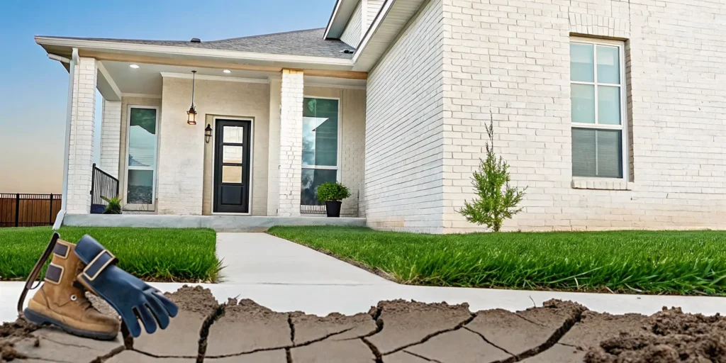 Drought damage in North Texas causes cracked soil, requiring foundation repair.
