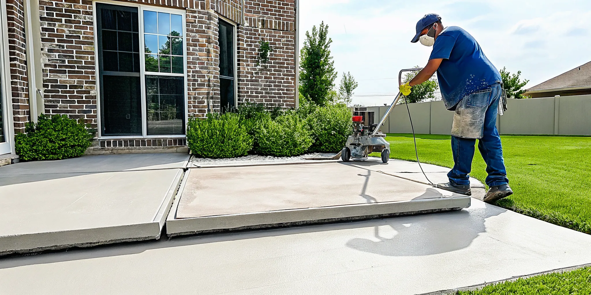 A contractor leveling a sunken concrete patio in Dallas, TX with polyurethane foam.