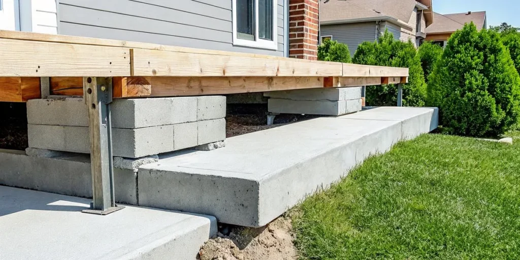 Crawl space foundation with concrete piers and wooden support beams being inspected by a professional