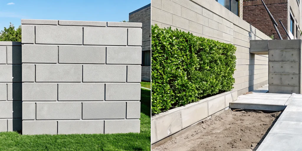 A poured concrete wall next to a concrete block wall for comparison.