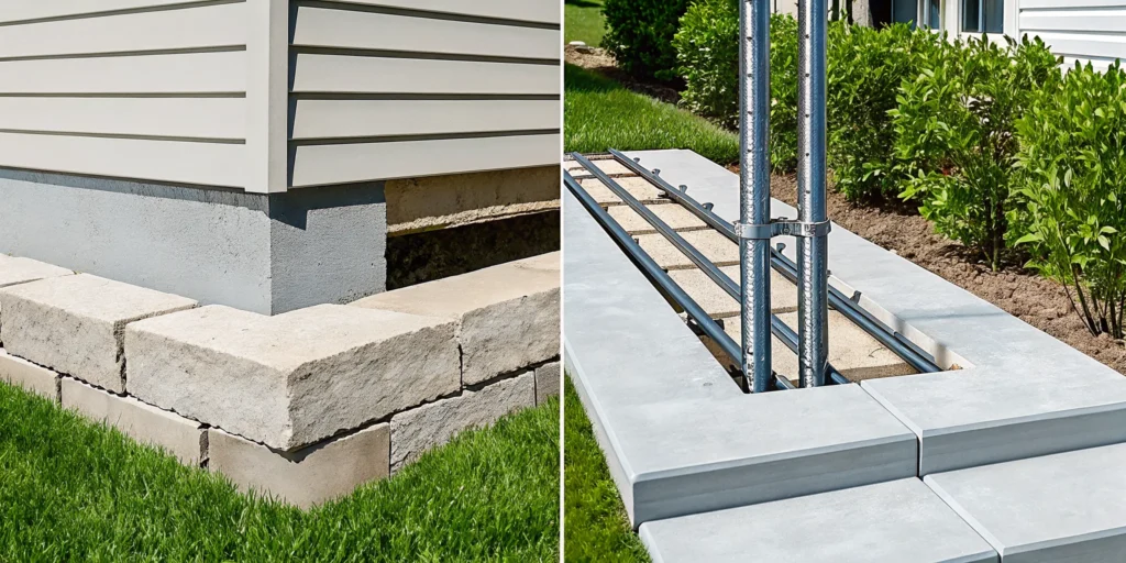 Push piers or helical piers for home foundation repair.